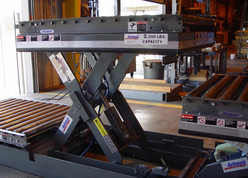 Scissor lift with conveyors on either side